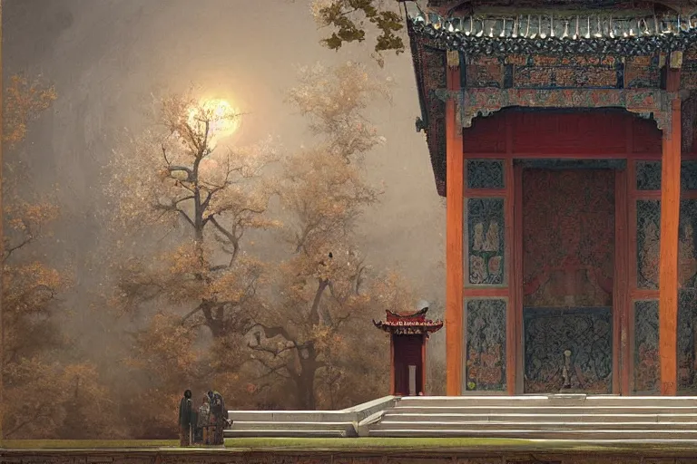 Image similar to mausoleum, buddhism, tang dynasty, painting by greg rutkowski