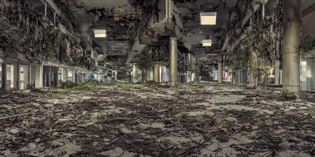 Prompt: overgrown and worn - down abandoned mall at night, award - winning anime scene