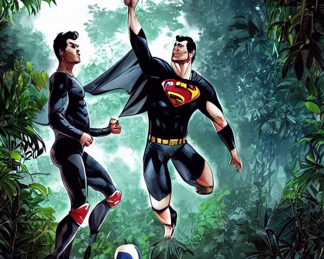 Image similar to batman and superman are playing volleyball in a jungle, volleyball in the air, volleyball net, digital illustration, inspired by greg rutkowski and artgerm, high detail