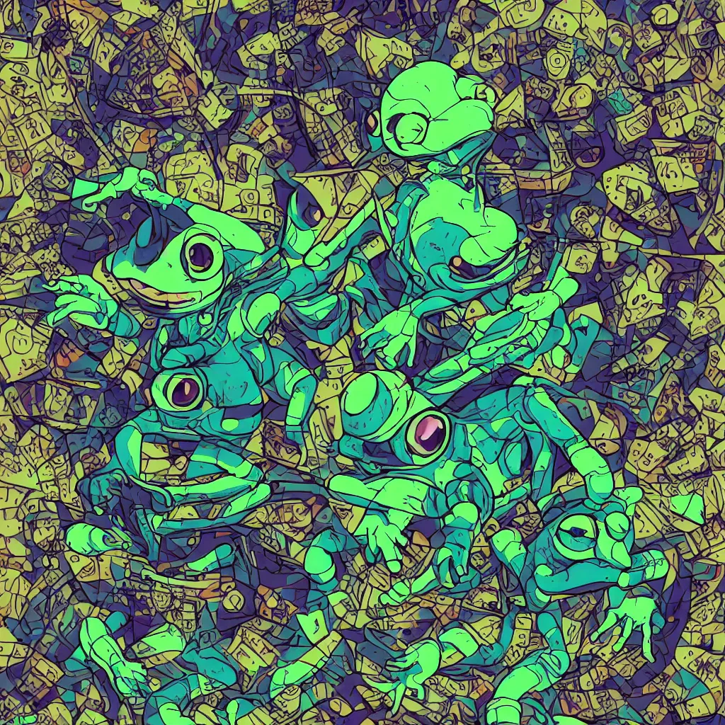 Image similar to toad head, ryuta ueda artwork, breakcore, style of jet set radio, y 2 k, gloom, space, cel - shaded art style, frogs, amphibians, sacred geometry, data, minimal, code, cybernetic, dark, eerie, cyber