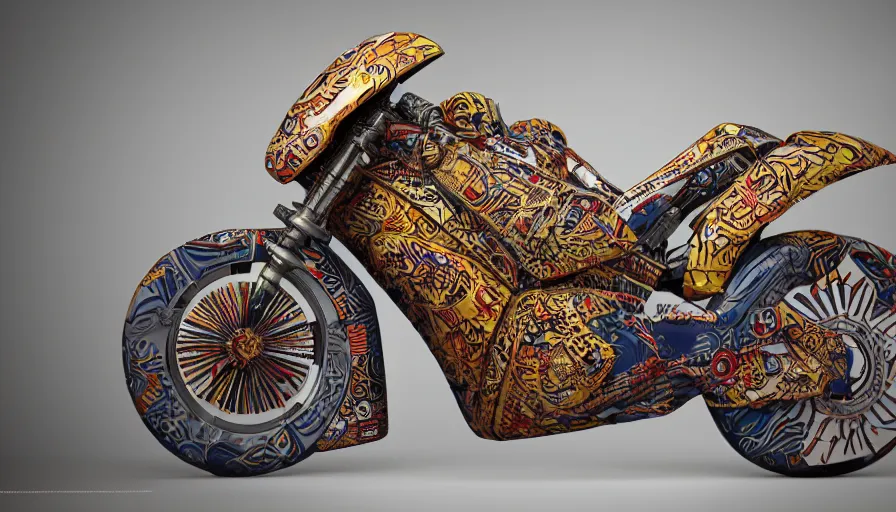 Prompt: a futuristic motorcycle decorated with batik motifs, trending on artstation, cinematic, octane render, ultrarealistic