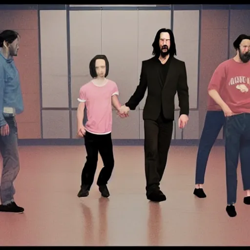 Image similar to keanu reeves breaking up with keanu reeves in front of a crowd of keanu reeves in the gym in hawkins because he ate too many crayons in his youth, in the style of james jean jamie hewlett, artstation trending, 8 k, 3 d render, photorealistic, volumetric lighting caustics, pink