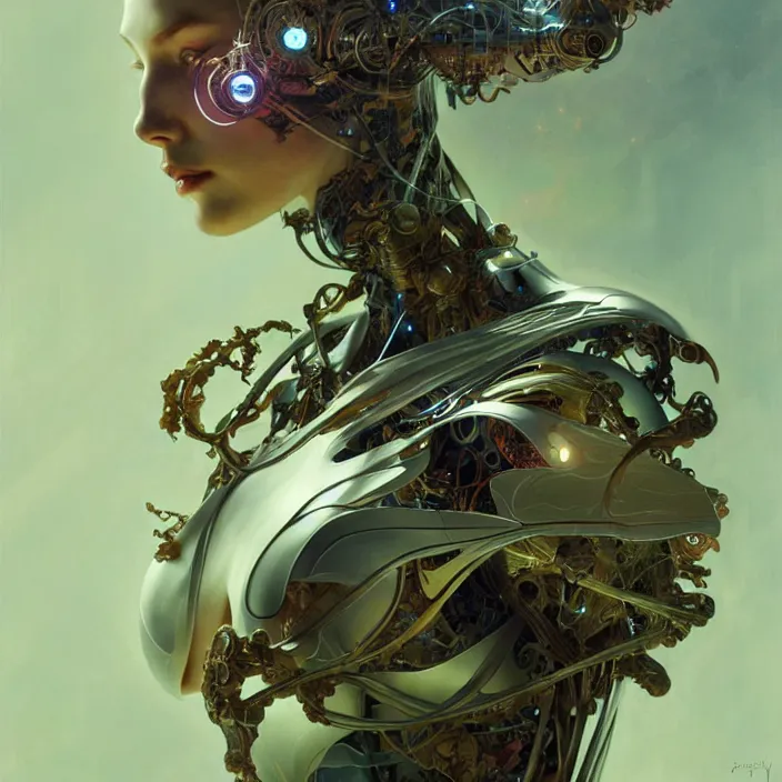 Image similar to organic cyborg, orchid, diffuse lighting, fantasy, intricate, elegant, highly detailed, lifelike, photorealistic, digital painting, artstation, illustration, concept art, smooth, sharp focus, art by John Collier and Albert Aublet and Krenz Cushart and Artem Demura and Alphonse Mucha