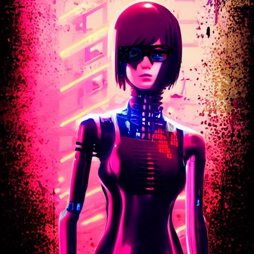 Prompt: a highly detailed full body portrait of a cyborg ninja by ilya kuvshinov in synthwave style with a cyberpunk colorful background with brokeh effect