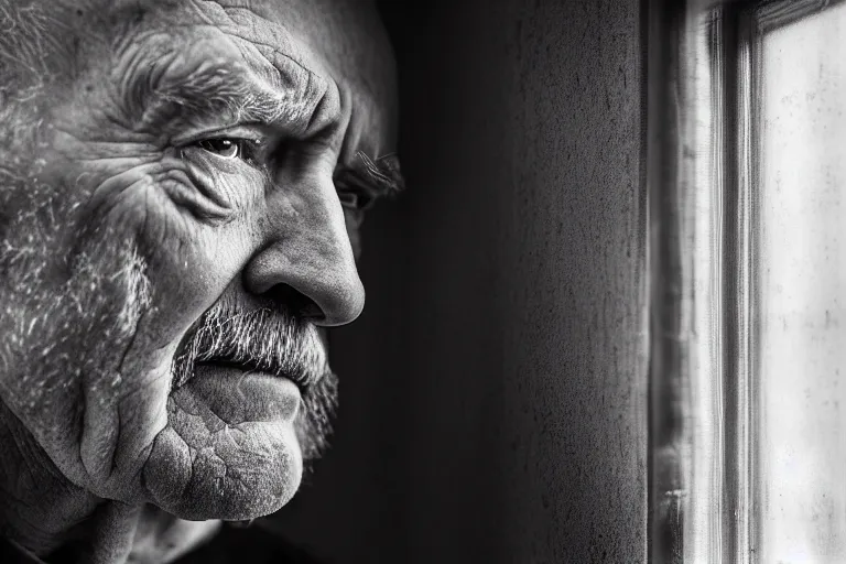 Image similar to an ultra realistic, cinematic, close up portrait, of an old man, looking in the window, sad, dramatic, soft light, dreamy, facial features, stood in a cell, with prison clothing, detailed, deep focus, movie still, dramatic lighting, ray tracing, by michal karcz and yoshitaka