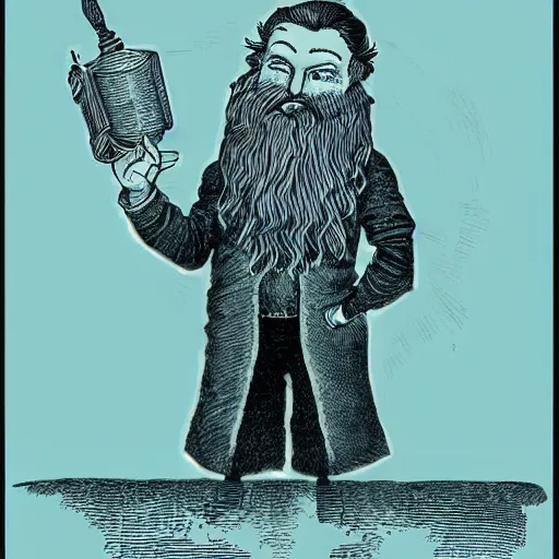 Image similar to wizard with beard, holding a bomb, dnd, high detail, fantasy, in the style of vintage antique illustration and line drawing or engraving - c 9. 0