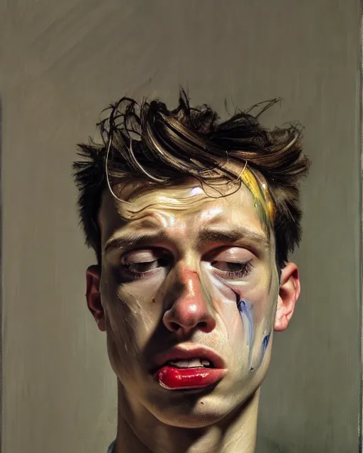 Prompt: a close up portrait a very ordinary young man with an angry expression, high angle, facing front, looking down, by Lucian Freud and Jenny Saville, oil painting, anatomically correct, beautiful perfect face, visible brushstrokes, sharp focus, Highly Detailed, Cinematic Lighting, 8k, HD