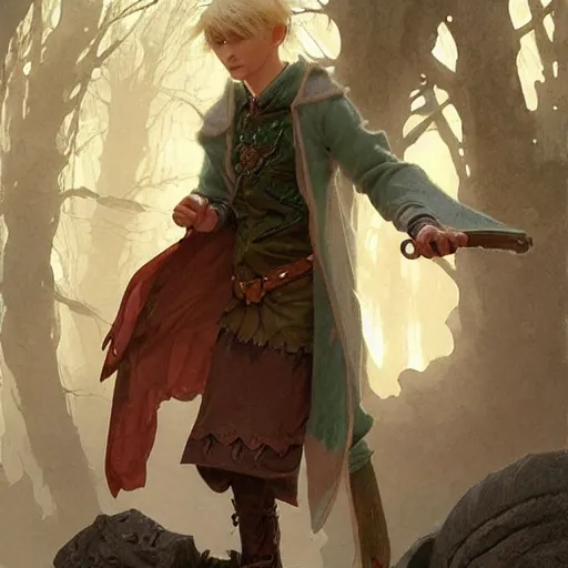 Prompt: elf fairy blonde male with a beautiful face, with a loot on their back, wearing a cardigan, highly detailed, intricate, digital painting, artstation, sharp focus, illustration, art by jakub rozalski, greg rutkowski, artgerm, tan zi and ayanamikodon and alphonse mucha and wlop