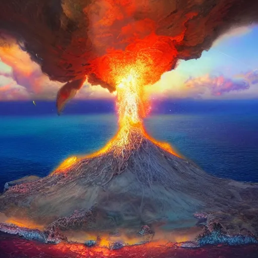 Image similar to hawaii island beach volcano by stanley artgerm lau, wlop, rossdraws, james jean, andrei riabovitchev, marc simonetti, yoshitaka amano, trending on artstation, trending on deviantart, deepdream, unreal engine, dramatic lighting, octane render, weta digital, micro details, 3 d sculpture, structure, ray trace,