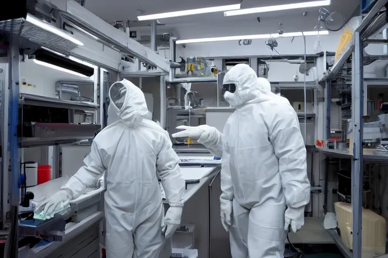 Image similar to man wearing hazmat suit in cleanroom examining alien. by Roger Deakins