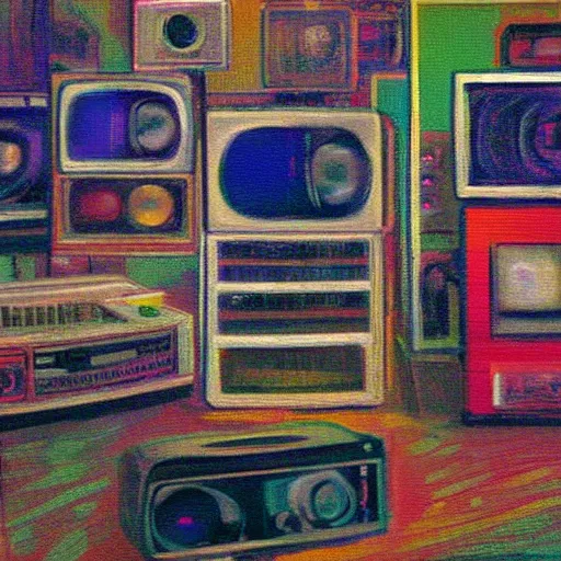 Image similar to array of crt televisions, tv static, antenna, stacked, polaroid, steroids, adult video store, impressionist painting, painting, oil painting, cell shaded, fuzzy