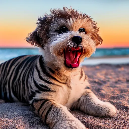 Image similar to a closeup photorealistic photograph of a cute smiling tiger bichon pup laying out at the beach during sunset. professional capture, well lit shot. this 4 k hd image is trending on artstation, featured on behance, well - rendered, extra crisp, features intricate detail, epic composition and the style of unreal engine.