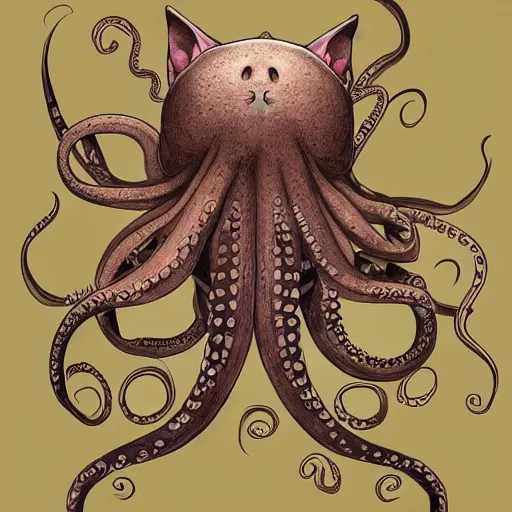 Image similar to a hybrid between a cat and an octopus, digital art, artstation, very detailed, intrincate details, beautiful art.