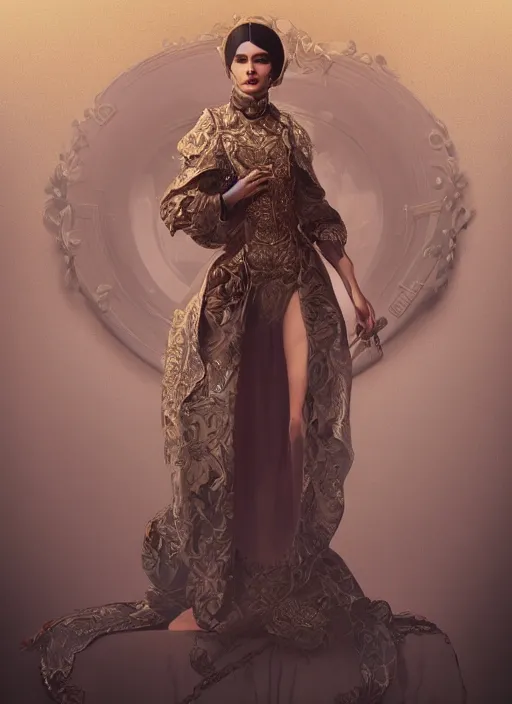 Prompt: hyper realistic photo of baroque oriental luxury fashion queen ghost full body, symmetric, rule of thirds, cinematic, artstation, cgsociety, greg rutkowski, james gurney brom