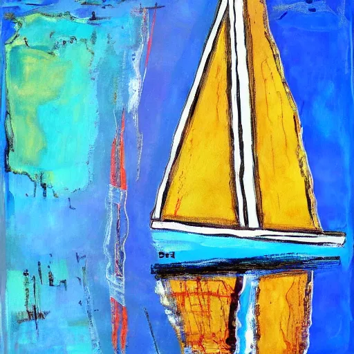 Image similar to a painting of a sailboat floating on a body of water, an abstract painting by ted degrazia, reddit contest winner, lyrical abstraction, mixed media, acrylic art, oil on canvas