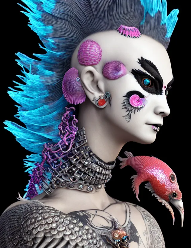 Image similar to 3 d goddess close - up profile portrait punk with mohawk with ram skull. beautiful intricately detailed japanese crow kitsune mask and clasical japanese kimono. betta fish, jellyfish phoenix, bio luminescent, plasma, ice, water, wind, creature, artwork by tooth wu and wlop and beeple and greg rutkowski