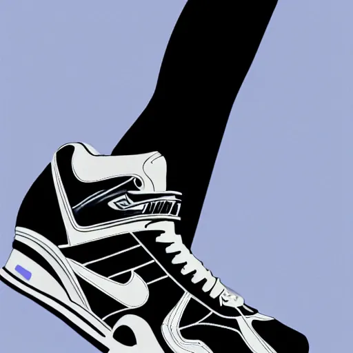 Prompt: retro futuristic Nike air trainer sneakers with straps by syd mead, matte painting, geometric shapes