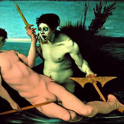 Image similar to painting by caravaggio of a drowned zombie, floating underwater, holding a trident with glowing cyan eyes, wearing ragged clothing, holding a trident, underwater, pastel green and blue color palette