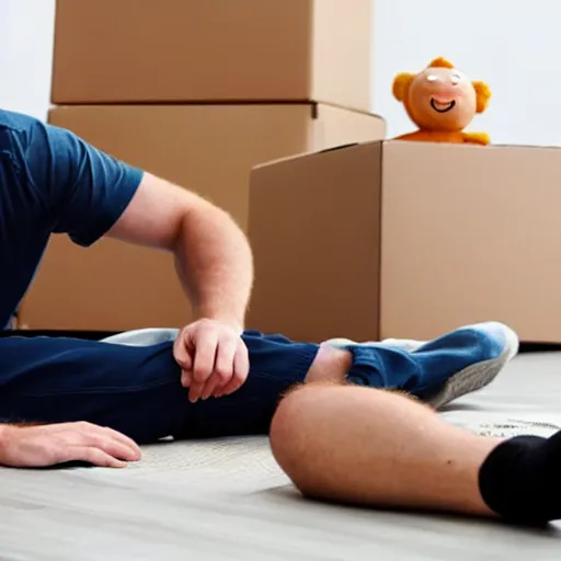 Image similar to moving day disaster. photo of ginger man on the floor holding his back in pain