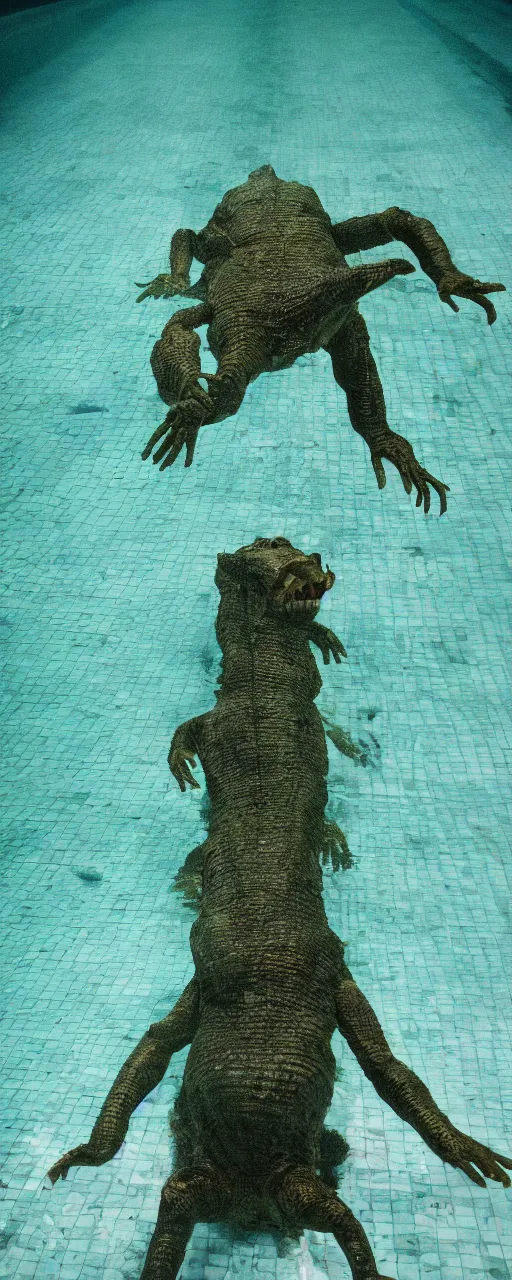 Image similar to an ultra wide colour 3 5 mm film photo of a terrifying half reptile half humanoid hybrid creature, hunting underwater in a public swimming pool, liminal spaces, ritual occult gathering, film grain