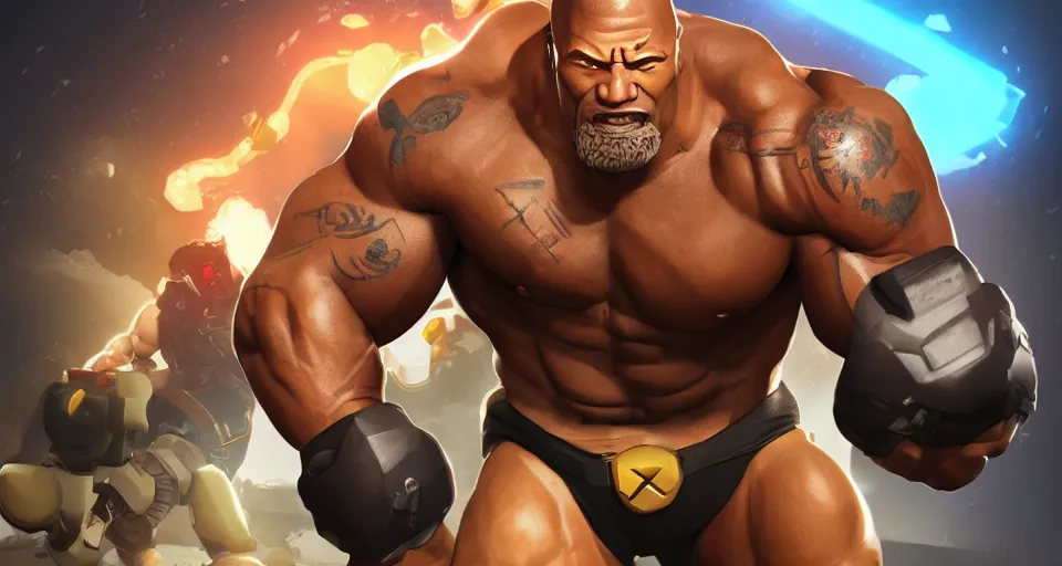 Image similar to one doomfist with dwayne johnson head, overwatch, 4 k, digital art, trending on artstation, high detailed