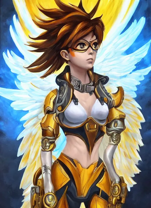 Image similar to full body oil painting of tracer overwatch in the style of jean deville, angel wings, angelic golden armor, dramatic painting, symmetrical composition, ornate, high detail, gold detailed collar!!!!!, blooming, lights, flowers, detailed face,