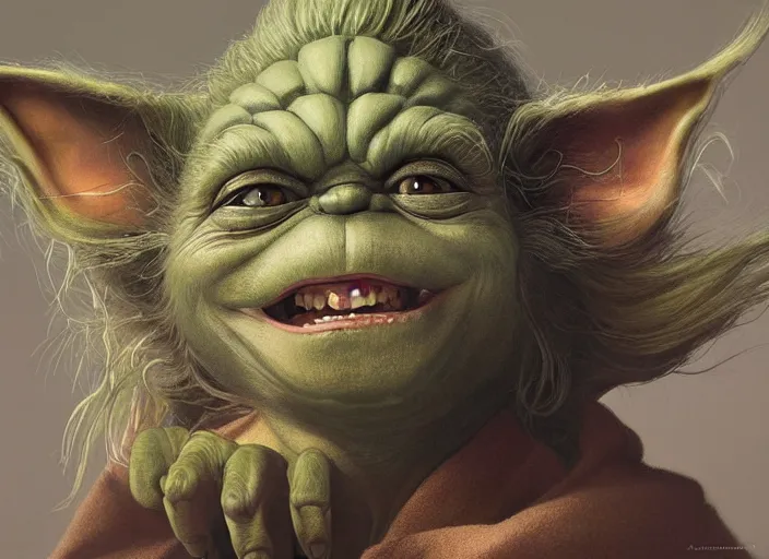Image similar to a highly detailed portrait of a laughing Yoda on a bad ketamine drug trip, drugs and alcohol littered everywhere, dizzy, trippy, artstation, cgsociety, very detailed, intricate, detailed illustration, by artgerm and greg rutkowski and alphonse mucha, sharp, smooth, masterpiece
