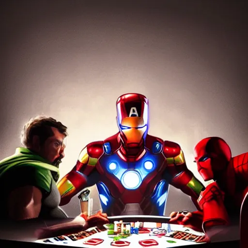 Image similar to hyperrealist portrait of the avengers playing poker, photo realistic, dynamic lighting, artstation, poster, volumetric lighting, very detailed faces, 4 k, award winning