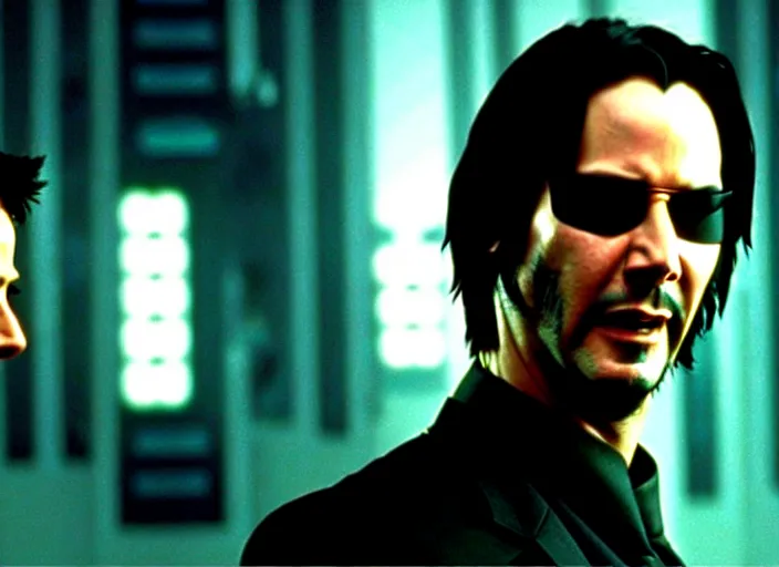 Image similar to A photo of Keanu Reeves as Neo in The Matrix movie doing a thumb up to the camera in front on burning servers, servers in flames in the background, doing a thumb up, The Matrix servers on fire, uncropped, full body, crispy, ultra detailed, cinematic