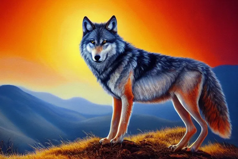 Image similar to wolf on the mountain, extremely detailed oil painting, sunset, orange gradient, 8k