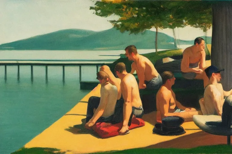 Image similar to mid - thirties guys binge drinking in front of a lake, in the style of edward hopper