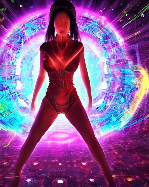 Image similar to a powerful energy psychedelic matrix asian woman, by alexander fedosav, hyper detailed digital matte painting, concept art, hyperrealism, 1 6 k resolution, cinema 4 d, 8 k resolution, trending on artstation, behance hd, a masterpiece, by stephan martiniere, particles, cel - shaded, power bright neon energy, by david a. hardy