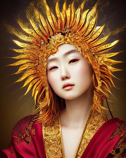 Image similar to hyper realistic portrait photo of beautiful ameterasu the sun goddess of japan, japanese model, portrait shot, intricate detail, glittering sun rays