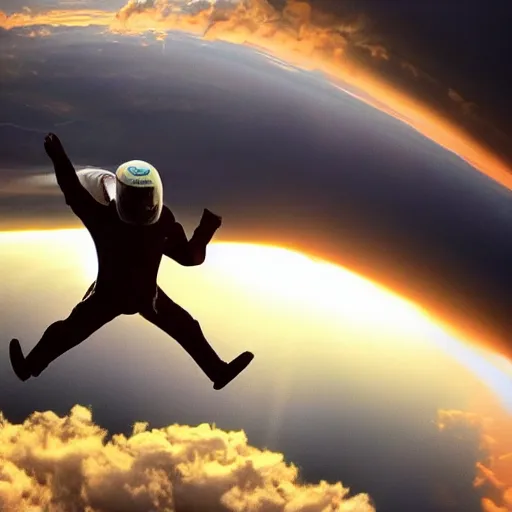 Image similar to drama photo of a man in a buisness suit skydiving, from the view of someone on the ground, beautiful dramatic clouds illuminated by the sun in the style of craig mullins