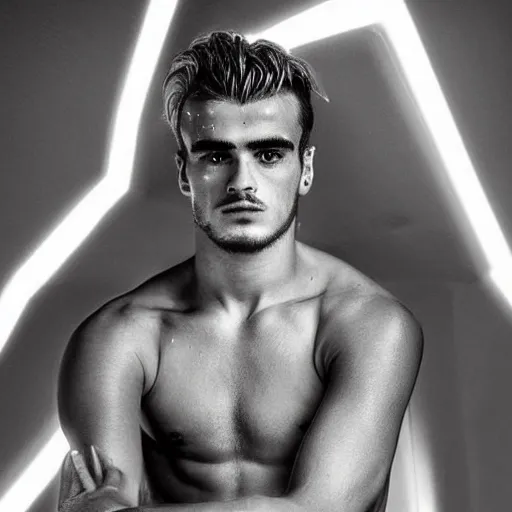 Image similar to “ a realistic detailed photo of a guy who is an attractive humanoid who is half robot and half humanoid, who is a male android, soccer player antoine griezmann, shiny skin, posing like a statue, blank stare, on the bed, on display ”