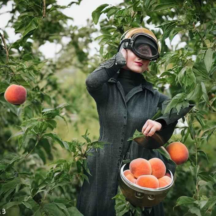 Prompt: a closeup portrait of a woman wearing a vintage diving helmet, picking peaches from a tree in an orchard, foggy, moody, photograph, by vincent desiderio, canon eos c 3 0 0, ƒ 1. 8, 3 5 mm, 8 k, medium - format print