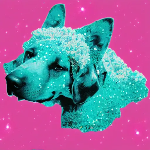 Image similar to a photograph of a huge dog in space made of turquoise colored crystals