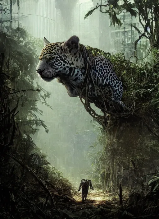 Prompt: mutated jaguar in a post apocalyptic city overgrown with lush vegetation, by Luis Royo, by Greg Rutkowski, dark, gritty, intricate, backlit, strong rimlight, cover illustration, concept art, volumetric lighting, volumetric atmosphere,sharp focus, octane render, trending on artstation, 8k