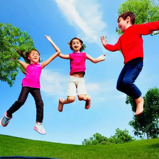 Image similar to children jumping on a trampoline, hyper realistic, amazing, natural lighting