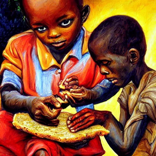 Image similar to oil painting of a malnourished ugandan boy sharing bread with a blond well fed child american, by josephine wall