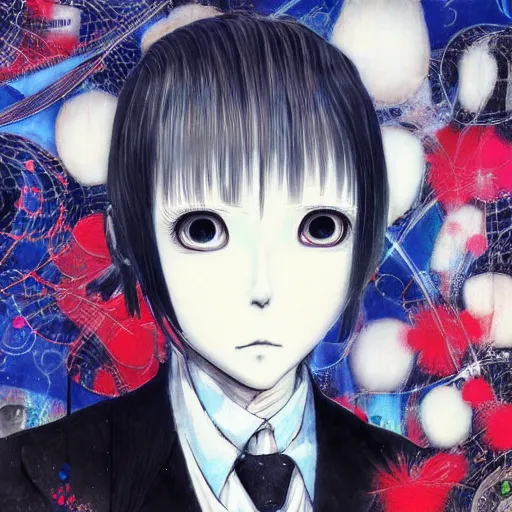 Prompt: yoshitaka amano realistic illustration of an anime girl with black eyes and short white hair wearing dress suit with tie and surrounded abstract junji ito style patterns in the background, blurry and dreamy illustration, noisy film grain effect, highly detailed, oil painting with expressive brush strokes, weird portrait angle