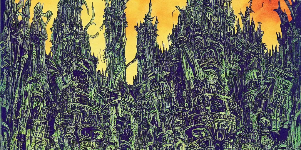 Prompt: scifi gothic castle bustling with orcs and elven mystics, by philippe druillet, psychedelic colors