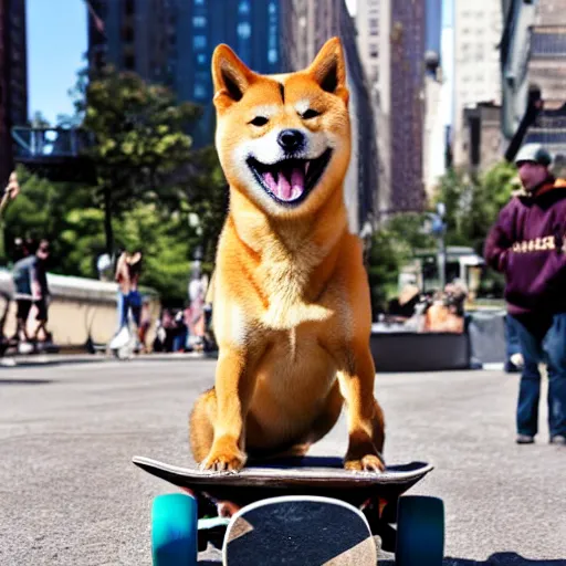 Image similar to a happy shiba inu performs a perfect kick flip on his skateboard in new york city whilst a crowd watches, beautiful photograph