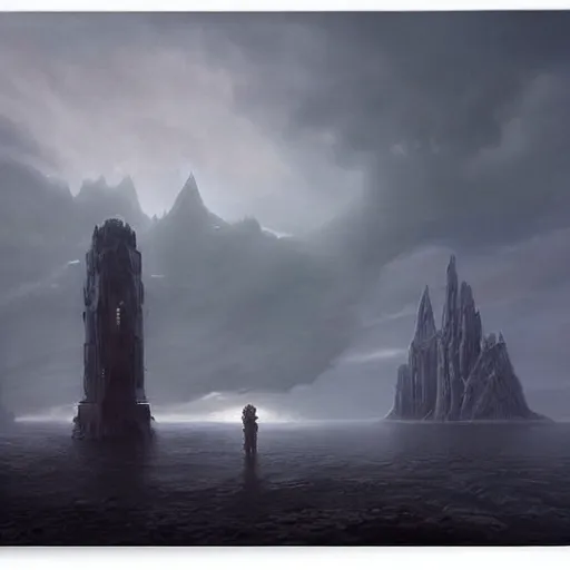 Image similar to giant colossus by grzegorz rutkowski and richard wright, atmospheric haze, stormy, tundra, princess in foreground, large scale