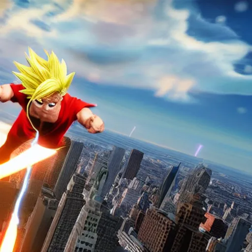 Image similar to photo realistic super sayan trump flying in the sky and prepare a kamehameha above new york city. high details, intricate, unreal engine 5.