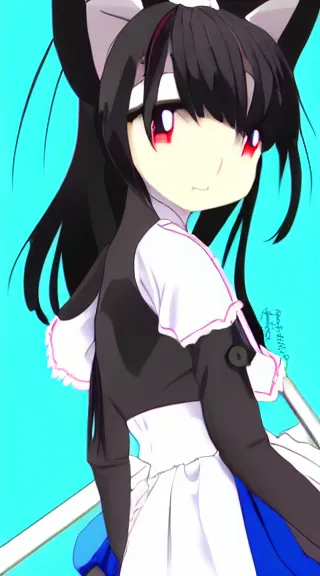 Image similar to Anime Screenshot of a “red-eyed black-haired anime fox girl” wearing black fingerless-gloves, high-waist-black-skirt, white-collared-shirt blue-open-jacket, black-necktie, unsheathing her katana, white background, visual-key, anime illustration, pixiv, anime-twitter