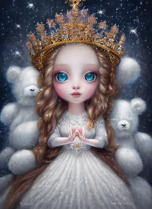 Image similar to highly detailed closeup portrait of a snow, ice princess wearing a crown and sitting on a throne surrounded by fluffy bears, nicoletta ceccoli, mark ryden, lostfish, earl nore, global illumination, god rays, detailed and intricate environment