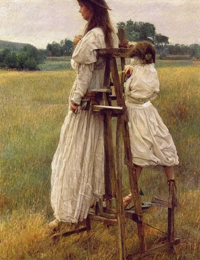 Prompt: peasant girl drawing a landscape on a canvans on an easel, cottage core, cinematic focus, polaroid photo bleached vintage pastel colors high - key lighting, soft lights, foggy, by steve hanks, by lisa yuskavage, by serov valentin, by tarkovsky, detailed, oil on canvas