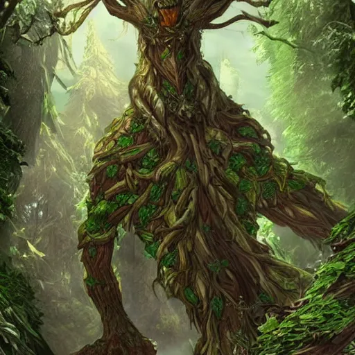 Prompt: giant green old treant creature, elven treant made of leaves and roots, old elven treant, old humanoid ents, old humanoid treant, epic fantasy style, green theme, forest background, hearthstone artwork