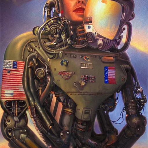 Prompt: realistic portrait beautiful painting of scene from Top Gun Film when human mutate into a Cybernetic Ghost. Horror, created by Thomas Kinkade.